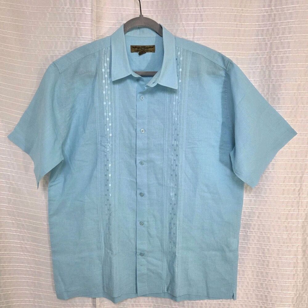 Mondo Uomo Mexican Guayabera Shirt Men's XL Linen Blend Aqua NWOT